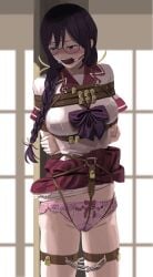 1girls arms_behind_back bakemonogatari ball_gag black_hair blush bondage bondage_harness bondage_over_clothes bound bound_arms bow bowtie braided_twintails breasts chains chest_harness clothed_female clothes_lift female gag gagged gagged_female glasses hanekawa_tsubasa harness highres itou_tatsuya large_breasts monogatari_(series) padlock panties pink_panties pink_shirt purple_eyes restrained restrained_arms restrained_legs rope rope_bondage round_eyewear school_uniform shibari short_sleeves skirt skirt_lift solo solo_female tagme twin_braids wiffle_gag yellow_ribbon