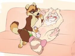 accessory anthro areola bite biting_lip black_nose blush bow_ribbon breasts brown_body brown_fur cheek_tuft chest_tuft claws closed_eyes clothing colored digital_drawing_(artwork) digital_media_(artwork) duo eyelashes facial_tuft female flat_colors fur furgonomics hi_res leg_grab legs_up looking_at_another looking_at_partner looking_pleasured male male/female mammal mimi-fox motion_lines neck_tuft nipples overweight overweight_female paws pink_bow pink_nose procyonid raccoon ribbons sex_toy simple_background sitting small_breasts snickers_(urbansaint) spread_legs spreading tail tail_accessory tail_bow tail_ribbon tan_body tan_fur teeth tuft underwear vibrator vibrator_on_pussy wand_vibrator white_body white_fur