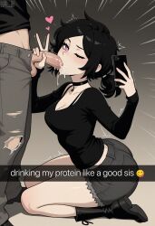 1boy 1girls ai_generated andrew_graves ashley_graves big_ass black_choker black_hair black_shirt blowjob boots breasts brother_and_sister caption cum cum_in_mouth cumming ejaculation english_text erection fellatio incest lt4_ai one_eye_closed peace_sign penis phone pink_eyes ponytail self_upload selfie shorts simple_background smile smirk smug snapchat stable_diffusion text the_coffin_of_andy_and_leyley thighs twitching watermark