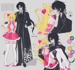 1boy 1girls black_ascot black_butterfly black_pants black_vest blonde_hair blush bow bow_ribbon breasts butterfly_hair_ornament closed_eyes coat collared_shirt couple don_quixote_(limbus_company) e.g.o_(project_moon) garter_straps gloves hair_ornament heart high_heels in_the_name_of_love_and_hate_(e.g.o) large_breasts limbus_company long_hair long_sleeves meme open_mouth pants pink_skirt project_moon ribbon shirt skirt smile thighhighs underwear vest yi_sang_(limbus_company)