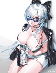 1girls breasts character_charm charm_(object) cinderella_(beautiful_me)_(nikke) cinderella_(nikke) commentary dongtan_dress dress goddess_of_victory:_nikke grey_dress hair_over_one_eye heart heart_necklace highres jacket jacket_on_shoulders jewelry jik_oxox necklace official_alternate_costume red_eyes solo symbol-only_commentary taut_clothes taut_dress