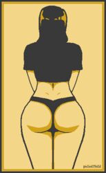 1girls ass back back_view black_hair black_shirt black_underwear border crop_top female lingerie looking_away panties pixel_art pm1me1the1d shiny_hair simple_background simple_shading tan_background thick thick_ass thick_thighs thong yellow_background