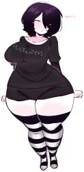 arms_at_sides ass_visible_through_thighs black_hair black_shirt blush curvy expressionless fat_thighs full_body gigantic_ass gigantic_thighs goth hair_over_one_eye hyper kneesocks large_breasts medium_hair print_shirt signature striped_thighhighs thick_thighs thighhigh_socks voluptuous wide_hips