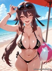 2025 :d ai_generated alternate_breast_size anime arm_up bangs bare_shoulders beach bead_bracelet beads bikini black_bikini black_nails blue_sky blush bracelet breasts brown_hair cleavage cloud collarbone crossover day eye_contact eyewear_on_head female female_focus female_only flower-shaped_pupils flushed genshin_impact hair_between_eyes highres holding hoyoverse hu_tao_(genshin_impact) huge_breasts jewelry large_breasts long_hair looking_at_viewer midriff mihoyo moaning nail_polish navel nsfw o-ring ocean open_mouth outdoors patreon red_eyes rognezart sand side-tie_bikini_bottom sky smile smiling solo stomach sunglasses swimsuit symbol-shaped_pupils teeth thick_thighs thighs twintails umbrella very_long_hair water wet