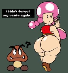 1girls ? alternate_ass_size alternate_breast_size ambiguous_gender arm_up ass ass_bigger_than_head ass_focus back_view bare_ass bare_shoulders big_ass big_breasts black_eyes boots bottomless breasts brown_boots bubble_ass bubble_butt creature duo english_text fangs female from_behind goomba grey_background height_difference huge_ass huge_breasts humanoid large_ass large_breasts light-skinned_female light_skin looking_at_another looking_at_viewer looking_back looking_up mario_(series) mob_face mushroom mushroom_girl mushroom_hat mushroom_humanoid nintendo partially_clothed pink_hair pseudo_hair raised_eyebrow red_vest sharp_teeth shiny_ass shiny_breasts shiny_butt shiny_skin sideboob size_difference sleeveless super_mario_bros. sweat sweatdrop text text_box thewastetunnels thick_thighs thighs tied_hair toadette twintails vest wardrobe_malfunction