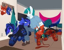 2025 animal_mask anthro balls bat bat_pony bisexual_pride_colors bitchsuit blush bodysuit bondage bondage_gear bound breath cage chastity_cage chastity_device clothing cobalt_flash collar cyreni digital_media_(artwork) dominant dominant_male electronics equid equine flag flag_(object) genitals group harness hasbro hi_res holding_leash holding_object horn hybrid inside leash lgbt_pride male male/male mammal mask membrane_(anatomy) membranous_wings midnight_dusk_(lastmidnight) miramore moan my_little_pony mythological_creature mythological_equine mythology outlet panting penis petplay pride_colors pup_mask puppyplay roleplay skinsuit submissive submissive_male tail television tight_clothing tongue tongue_out trio unicorn wings