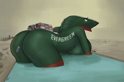 2021 all_fours anthro anthrofied ass big_breasts big_butt breasts brouva cargo_ship container english_text ever_given female hi_res humor living_machine living_ship living_vehicle living_watercraft looking_back machine meme merchant_ship nude partially_submerged ship shipmorph solo stuck text text_on_body vehicle water watercraft