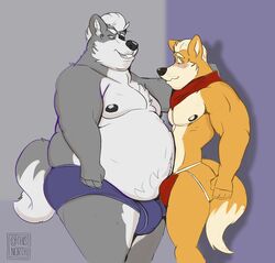 2021 absurd_res against_wall anthro anthro_on_anthro belly blush bulge canid canine canis chest_tuft clothing duo eye_patch eyewear fox fox_mccloud hair hi_res jockstrap male male/male male_only mammal moobs neckerchief nintendo nipples obese obese_anthro obese_male overweight overweight_anthro overweight_male smile standing star_fox tcw_(artist) tuft underwear video_games wolf wolf_o'donnell