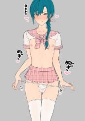 1boy absurdres blue_hair blush braid bulge collarbone commentary_request crossdressing ear_piercing earrings femboy full-face_blush grey_background hair_between_eyes heart highres jewelry karasu_(jjwh2832) legs licking_lips male_focus medium_hair miniskirt navel nijisanji nipples panties panty_pull penis piercing pink_eyes pink_sailor_collar pink_skirt plaid_clothes plaid_skirt ryuushen sailor_collar short_sleeves simple_background single_earring skirt small_penis socks solo steam stomach straight-on testicles thighhighs thighs tongue tongue_out translation_request underwear unfinished white_panties white_socks