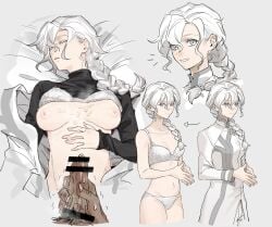 1boy absurdres bar_censor black_shirt bra bra_lift braid breasts censored chaldea_logo closed_eyes closed_mouth clothes_lift coat commentary_request cum cum_on_body cum_on_breasts dark-skinned_male dark_skin fate/grand_order fate_(series) female genderswap_(mtf) grey_background grey_eyes grey_trim hair_between_eyes hair_over_shoulder hand_on_own_stomach highres long_hair long_sleeves looking_ahead looking_at_viewer lying male_masturbation male_pubic_hair marisbury_animusphere masturbation medium_breasts multiple_views nipples notice_lines on_back out_of_frame own_hands_together panties parted_bangs parted_lips penis pubic_hair rerheart rule_63 shirt shirt_lift simple_background single_braid sleep_molestation sleeves_past_wrists smile steepled_fingers straight turtleneck turtleneck_shirt unconscious underwear white_bra white_coat white_hair white_panties