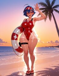 1girls ahoge ai_generated arm_up armpits balecxi bare_shoulders beach belle_(zenless_zone_zero) blue_eyes blue_hair blush breasts clothing cloud collarbone competition_swimsuit covered_navel crossed_bangs curvaceous curvaceous_female curvaceous_figure curvy curvy_figure dusk evening exhibitionism feet female female_focus flip-flops full_body gradient_sky green_eyes hair_between_eyes hair_ornament hairclip highleg highleg_swimsuit holding holding_swim_ring holster horizon innertube inviting inviting_to_sex large_breasts legs looking_at_viewer mole mole_under_eye ocean one-piece_swimsuit one-piece_tan open_mouth orange_sky outdoor_nudity outdoors outside palm_tree presenting presenting_ass presenting_breasts presenting_hindquarters presenting_self red_cross red_one-piece_swimsuit sand sandals seductive seductive_look seductive_smile shiny_clothes shiny_skin short_hair sideboob skindentation sky smile solo standing sunset swim_ring swimsuit tan tanlines teeth thick_thighs thigh_holster thigh_pouch thigh_strap thighs toenails toes tree upper_teeth_only visor_cap voluptuous voluptuous_female water waving wet wet_clothes wide_hips zenless_zone_zero