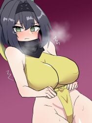 555iisuimin black_hair blonde_hair blush closed_eyes clothing duel_monster embarrassed fringe green_eyes hi_res huge_breasts leotard light_skin looking_at_viewer low-angle_view multicolored_hair nervous ninja panties ponytail s:p_little_knight scarf side_view spiral_eyes standing sweatdrop teenager thighs underwear yu-gi-oh!