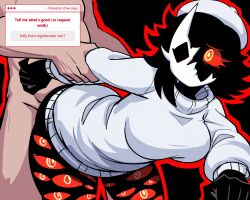 1boy 1girls a_fuck_ton_of_eyes absurd_res ai_generated arm_grab beanie bent_over black_background black_hair black_skin broken_mask chubby colored_skin covered_eye doggy_style doggystyle_position dubious_consent duo eyes_on_body eyes_on_legs falsegate folly_(regretevator) grabbing grabbing_arm grabbing_wrist highres large_breasts looking_back many_eyes mask medium_hair nervous one_eye_covered red_eyes regretevator roblox self_upload solid_color_background stable_diffusion standing standing_doggy_style standing_sex straight strawpage strawpage_request sweater thick_thighs turtleneck turtleneck_sweater white_beanie white_mask white_sweater wide_hips