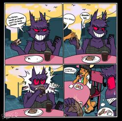 2022 anthro avian beverage biped bird blarf022 blush blush_lines cellphone chair clothed clothing cloud coffee comic dedenne duo ear_piercing eating electronics english_text feet female foot_fetish furniture generation_1_pokemon generation_6_pokemon gengar giselle_(giselleandvivian) glass heart_symbol hi_res musk nintendo outside phone piercing plate pokemon pokemon_(species) red_sclera sitting sky smartphone smelly smelly_feet smile speech_bubble table teasing teeth_showing text vivian_(giselleandvivian) winking_at_another winking_at_partner
