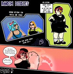 2024 5_toes absurd_res alternative_fashion anthro avian beret bird black_clothing black_dress blarf022 blue_hair breasts chicken cleavage cleavage_cutout clothed clothing cutout depth_of_field dialogue dress english_text eyeliner feathers feet female foot_focus footprint footwear french_accent galliform garance_cocorico_(blarf022) goth hair hat headgear headwear hi_res human human_focus humanoid_feet makeup mammal mary_janes multicolored_hair phasianid plantigrade red_hair sheila_koala_(blarf022) sherry_bear_(blarf022) shoes smelly smelly_feet soles text toes two_tone_hair venus_von_colugo_(blarf022) white_body white_feathers