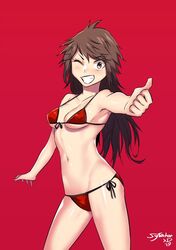 1girls brown_eyes brown_hair long_hair red_background red_bikini red_bikini_bottom red_bikini_top smile sytokun thumbs_up wink winking winking_at_viewer