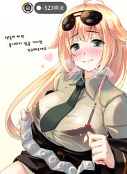 aviator_sunglasses bikini_under_clothes black_bra blonde_hair blush bra_through_clothes bra_visible_through_clothes condom_packet_strip eyewear_on_head gayprince_no.2 girls'_frontline green_eyes heart heavy_breathing hi_res huge_breasts korean_text m1918_bar_(girls_frontline) military_uniform necktie red_ribbon see-through smiling sunglasses sunglasses_on_head sweat sweating sweaty sweaty_breasts translated uniform visible_breath wet_clothes