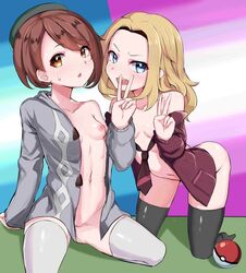 2girls absurdres areolae bangs black_legwear blonde_hair blue_eyes blush breasts brown_eyes brown_hair game_freak gloria_(pokemon) green_headwear grey_legwear hat highres jacket lass_(pokemon) lass_(pokemon_ss) long_hair looking_at_viewer multiple_girls necktie nintendo nipples npc_trainer open_mouth poke_ball pokemon pokemon_(game) pokemon_ss pussy short_hair simple_background small_breasts smile sweat thighhighs trap_(drthumt) uncensored v