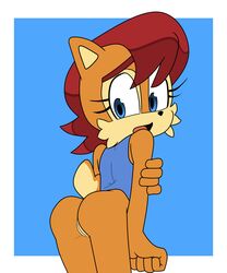 1girls anthro archie_comics ass blue_eyes brown_body brown_fur clothed clothing colored edit female filthypally fluffy fluffy_tail fur genitals hair hi_res multicolored_body multicolored_fur open_mouth partially_clothed pussy red_hair sally_acorn solo sonic_(series) sonic_the_hedgehog_(archie) sonic_the_hedgehog_(comics) sonic_the_hedgehog_(series) texas_toast tongue two_tone_body two_tone_fur