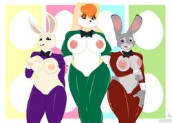 2021 anthro beastars big_breasts bow_tie breasts buckteeth clothed clothing crossover disney ears_down ears_up easter female fur genitals grey_body grey_fur group hair hand_on_breast haru_(beastars) holidays jorge-the-wolfdog judy_hopps lagomorph large_breasts leporid looking_at_viewer mammal nipples orange_hair pivoted_ears pussy rabbit reverse_bunny_costume sonic_(series) sonic_the_hedgehog_(series) standing stockings teeth vanilla_the_rabbit white_body white_fur yellow_body yellow_fur zootopia