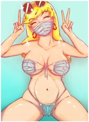 1girls bangs belly big_breasts bikini blonde_hair bra breasts cleavage closed_eyes double_v earrings eyepatch_bikini eyes_closed eyewear_on_head face_mask female female_only hoop_earrings jwels leni_loud mask mask_bikini mask_on_breasts mask_on_crotch mask_panties navel panties pubic_stubble pussy solo solo_female solo_focus sparkle string_bikini sunglasses sunglasses_on_head the_loud_house thick thick_thighs thighs underwear underwear_only v wide_hips