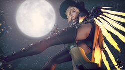 1girls 3d artist_logo ass blonde_hair broomstick clothing exposed_ass female female_only footwear from_below handwear headgear highres human junkerz looking_at_viewer mechanical_wings mercy overwatch panties solo thighhighs tumblr_username underwear upskirt wings witch_hat witch_mercy