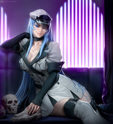 akame_ga_kill! animal_skull blue_eyes blue_hair detailed_background esdeath_(akame_ga_kill!) grin high_boots lerapi long_hair looking_at_viewer military_hat military_uniform realistic short_skirt skirt skull