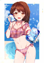 1girls bangs beach bikini blurry blurry_background blush bracelet brown_eyes brown_hair can cowboy_shot creatures_(company) depth_of_field droplet female game_freak gloria_(pokemon) groin half-closed_eyes highres holding holding_can jewelry looking_at_viewer navel nintendo offering outside_border pink_bikini plaid plaid_bikini pokemon pokemon_(game) pokemon_ss senta_(ysk_0218) short_sleeves side-tie_bikini soda_can solo standing swimsuit wet wristband