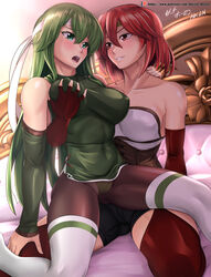 2girls breast_grab breast_squeeze female female_only fire_emblem fire_emblem:_mystery_of_the_emblem fire_emblem:_shadow_dragon_and_the_blade_of_light green_hair groping groping_breast hocen looking_pleasured minerva_(fire_emblem) nintendo palla_(fire_emblem) red_hair yuri