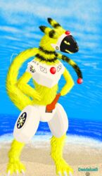 ampharos anthro beach daedalus dipstick_ears dipstick_tail genitals hands_on_hips hi_res hybrid knot machine male multicolored_ears multicolored_tail nintendo penis pokémon_(species) pokemon pokemon_(species) protogen sand seaside solo video_games water