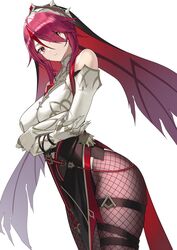 1girls accessory belt_straps big_breasts blank_eyes claws crossed_arms female female_focus female_only fishnets genshin_impact hair_over_one_eye long_hair looking_at_viewer looking_to_the_side nun pale-skinned_female pale_skin red_eyes red_hair red_jewel rosaria_(genshin_impact) simple_background skin_tight skirt straps veil white_armwear white_background white_gloves yamanokami_eaka