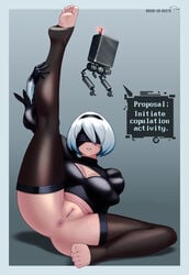 1girls anus ass barefoot black_legwear blindfold bottomless breasts cleavage draw-till-death english_text facing_viewer feet female grin hairband highres innie_pussy leg_up mole mole_on_pussy mole_under_mouth nier:_automata nier_(series) no_panties pod_(nier) pussy short_hair smile soles solo spread_legs sweat thighhighs toeless_legwear toes uncensored white_hair yorha_2b