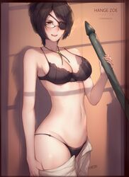 ass attack_on_titan bare_shoulders big_breasts black_bra black_panties black_underwear blush bra breasts brown_eyes dark_hair eye_patch glasses hanji_zoe highres kimoshi looking_at_viewer missile navel necklace open_mouth panties pants pants_down saliva saliva_drip short_hair thick_thighs thighs underwear undressing white_pants