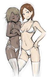 2020 2girls ahemaru alternate_costume arm_around_waist ass_visible_through_thighs bikini bra breasts_apart brown_eyes brown_hair chocolate_and_vanilla cleavage confident covering covering_breasts dark-skinned_female dark_skin doumeki_parker eizouken_ni_wa_te_wo_dasu_na! embarrassed female female_only frown half-closed_eyes henriiku_(ahemaru) keep_your_hands_off_eizouken light-skinned_female light_skin medium_breasts multiple_girls navel one_eye_closed pale-skinned_female pale_skin panties pixiv shy side-tie_bikini side-tie_panties simple_background sketch skinny smile standing thighhighs thin_waist tsubame_mizusaki white_background white_bikini white_legwear wince wink