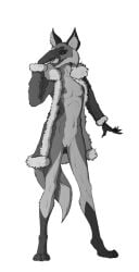 1girls alice_the_vixen alpha_channel anthro black_body black_fur black_sclera breasts canid canine clothed clothing coat female female_only fox fox_tail fur genitals grey_body grey_fur hi_res looking_at_viewer mammal monochrome monster nude paws pussy simple_background small_breasts solo standing tiny_bunny topwear transparent_background zafara_(artist)