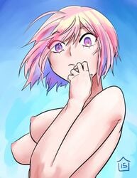 1girls ahoge areolae bare_shoulders blue_background breasts curious eyebrows_visible_through_hair female_only hand_on_chin large_breasts light-skinned_female light_skin looking_at_viewer nipples no_bra perky_breasts pink_eyes pink_hair raised_eyebrows short_hair solo surprised sytokun topless underboob