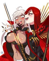 2girls blush fate/grand_order fate_(series) long_hair multiple_girls oda_nobunaga_(avenger)_(fate) okita_souji_(alter)_(fate) red_eyes red_hair squeezing_breast sytokun white_eyes white_hair yuri