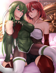 2girls after_kiss breast_grab breast_squeeze female female_only fire_emblem fire_emblem:_mystery_of_the_emblem fire_emblem:_shadow_dragon_and_the_blade_of_light green_hair groping groping_breast hocen minerva_(fire_emblem) nintendo palla_(fire_emblem) red_hair saliva saliva_string yuri