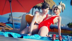 2girls 3d angela_ziegler blizzard_entertainment clothed exposed_breasts exposed_nipples female female_only highres junkerz lena_oxton lifeguard_mercy lifeguard_tracer mercy overwatch tracer unzipped_bodysuit yuri