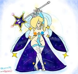 blonde_hair covered_nipples crown goddess_rosalina_(awesomeerix) high_heels mario_(series) nintendo nude princess_rosalina solo staff super_mario_galaxy thighhighs thighs tsumibro