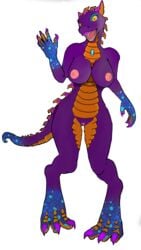 animal_humanoid anthro bbdworks black_background blue_body blue_scales breasts claws colored_nails digitigrade eyeshadow female genitals gesture hi_res humanoid lips lipstick looking_at_viewer makeup nails nipples open_mouth orange_body orange_scales purple_body purple_claws purple_scales purple_spikes pussy scales scalie scalie_humanoid simple_background solo waving waving_at_viewer yellow_eyes zera_(bbdworks)