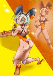 abs ass ass_focus ass_up bea_(pokemon) blush bunny_costume bunny_ears bunny_girl bunny_tail bunnysuit chocolate choker easter eating flatpancakes grey_hair high_heels holding_breasts looking_at_viewer looking_back muscular muscular_female nail_polish on_knees pokemon pokemon_(game) pokemon_ss short_hair sideboob silver_eyes simple_background