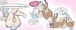 ! anal anthro anus ass balls bed biceps big_dom_small_sub blue_eyes blush brown_body brown_fur comic dialogue dialogues duo ears_up evan_(bouncingbunnyboy) fur furniture genitals heart hi_res human human_on_anthro humanoid internal interspecies kissing lagomorph larger_male larger_penetrated leporid licking lying lying_on_bed male male/male male_only mammal mocha_latte_love muscular muscular_anthro muscular_male on_back on_bed on_front oral penetration penis pillow pillow_hug presenting presenting_anus presenting_hindquarters prostate prostate_massage prostate_milking prostate_stimulation rabbit rimming scut_tail sequence sex shadesflame size_difference small_dom_big_sub smaller_male smaller_penetrated talking_to_another talking_to_partner tasting tongue tongue_out