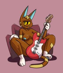 animal_crossing bass_guitar blonde_hair breasts brown_body brown_fur fangs felid feline female fur guitar hair hi_res junktrashman katt_(animal_crossing) looking_at_viewer mammal musical_instrument nintendo nude plucked_string_instrument simple_background string_instrument video_games yellow_body yellow_eyes yellow_fur