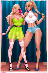 2girls aroma_sensei athletic_female bimbo biting_lip blonde_hair clothed clothing female_abs female_only fully_clothed garter_belt garter_straps green_dress high_heels metroid multiple_girls nintendo open_toe_shoes ponytail princess_zelda samus_aran see-through short_shorts stiletto_heels stockings the_legend_of_zelda thigh_strap thighhighs toned_female very_high_heels zelda_(breath_of_the_wild)