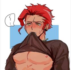 1boy chest clothing danganronpa danganronpa_another dark-skinned_male dark_skin embarrassed fanganronpa human human_only kasai_shinji looking_away male male_only muscular muscular_male nipples red_hair sdra2 shirt shirt_lift shirt_up shy smooth_skin solo solo_male super_danganronpa_another_2 sweatdrop yellow_eyes