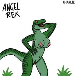 1girl 1girls 3_fingers amber_eyes angel_rex anthro belly_button black_scales breasts charlie_(jurassic_world) dinosaur dromaeosaurid female female_only green_body green_scales hand_on_hip hands_behind_head happy jurassic_park jurassic_world jurassic_world_alive jurassic_world_the_game looking_at_viewer naked non-mammal_breasts non-mammal_nipples nude nude_female open_mouth pink_areola pink_nipples pink_pussy plant posing pussy raptor sharp_claws sharp_teeth simple_background stripes tail velociraptor velociraptor_charlie white_background yellow_eyes