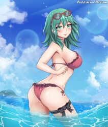 1girls absurdres alternate_costume ass bikini blush breasts byleth_(fire_emblem) byleth_(fire_emblem)_(female) clouds eyewear_on_head female fire_emblem fire_emblem:_three_houses green_eyes green_hair highres in_water large_breasts long_hair looking_at_viewer medium_hair nintendo nipple_bulge ocean outdoors patdarux red_bikini red_swimsuit side-tie_bikini side-tie_swimsuit sky smile solo summer sunglasses sunglasses_on_head swimsuit thigh_ribbon water