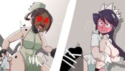 1futa 1girls big_breasts breasts clothed clothing erection_under_clothes filia_(skullgirls) flustered futanari imminent_sex lab_zero_games light_skin mask masked painting_fish painwheel penis samson_(skullgirls) skullgirls