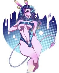 animal_ears anonbunny bovine bulge bun_(character) claws cow_girl cow_lingerie cow_print demon_tail ear_tag fangs futa_only futanari holding_breast horns lingerie pubes rabbit_ears solo_futa tail treasure_trail